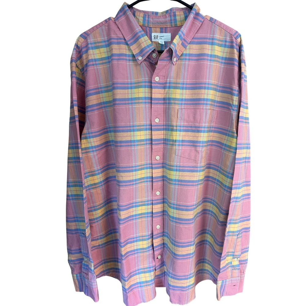 Gap Mens XL Standard Fit Oxford Shirt Pink Madras Plaid Preppy Long Sleeve New